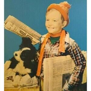 Newspaper Boy And Black & White Puppy Dog Art Print Vintage 1940's Lithograph